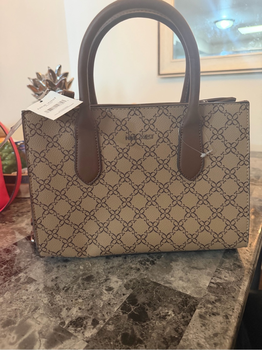 Beige Patterned Tote Handbag with Brown Trim